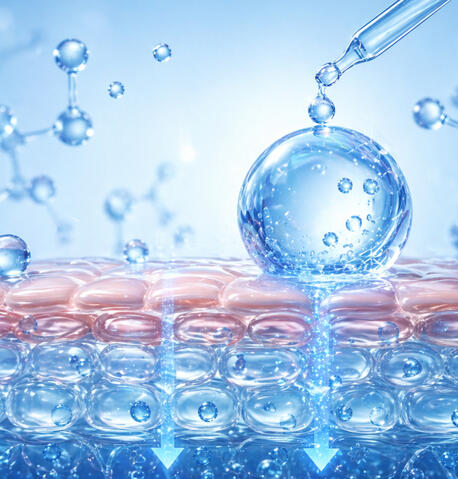 Hydration and water molecule visualization penetrating skin layers to support moisture retention and skin barrier function