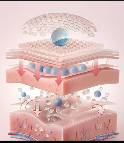 Advanced skin barrier structure showing hydration flow and epidermis layers in biotech skincare visualization