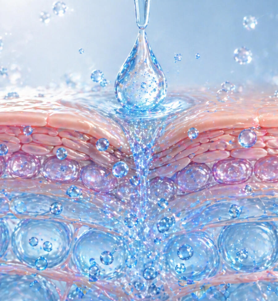 Hydration flow penetrating skin layers with water molecules supporting moisture retention and skin barrier function